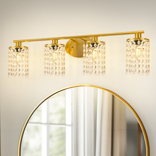 32 in. 4-Lights Gold Crystal Bathroom Vanity Light, Modern Bahtroom Lights Over Mirror, Wall Sconce for Bathroom Kitchen