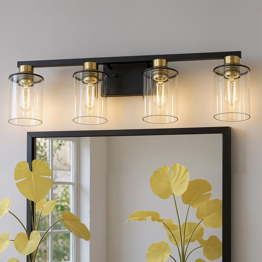 YANSUN 27.2 in. 4 Light Black and Gold Vanity Light with Clear Globe Glass Shades and Square Backplate for Bathroom