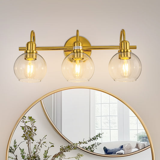 20 in. 3-Light Brass Gold Industrial 3-Light Bathroom Vanity Light with Clear Glass Globe Shades Bathroom