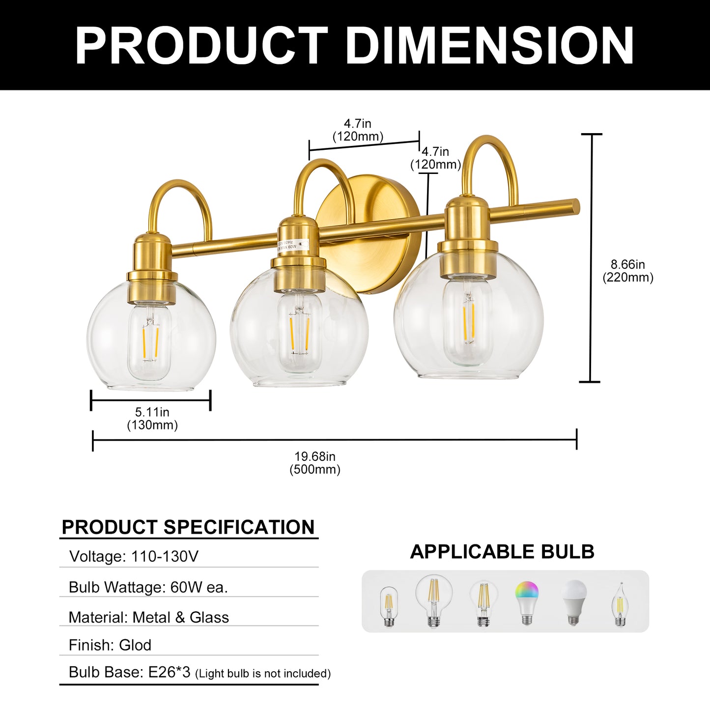 20 in. 3-Light Brass Gold Industrial 3-Light Bathroom Vanity Light with Clear Glass Globe Shades Bathroom