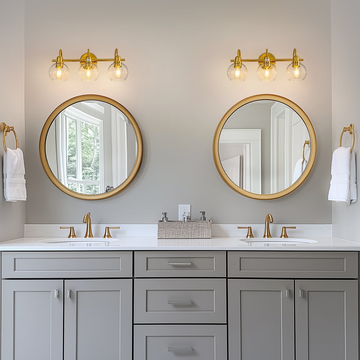 20 in. 3-Light Brass Gold Industrial 3-Light Bathroom Vanity Light with Clear Glass Globe Shades Bathroom