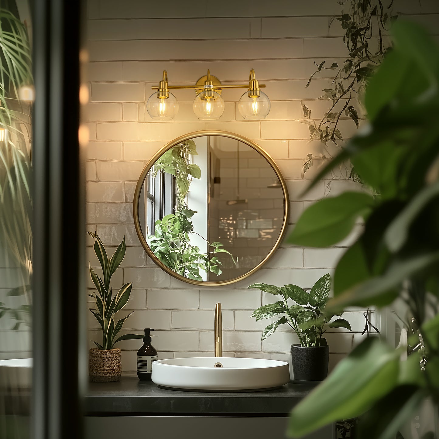 20 in. 3-Light Brass Gold Industrial 3-Light Bathroom Vanity Light with Clear Glass Globe Shades Bathroom