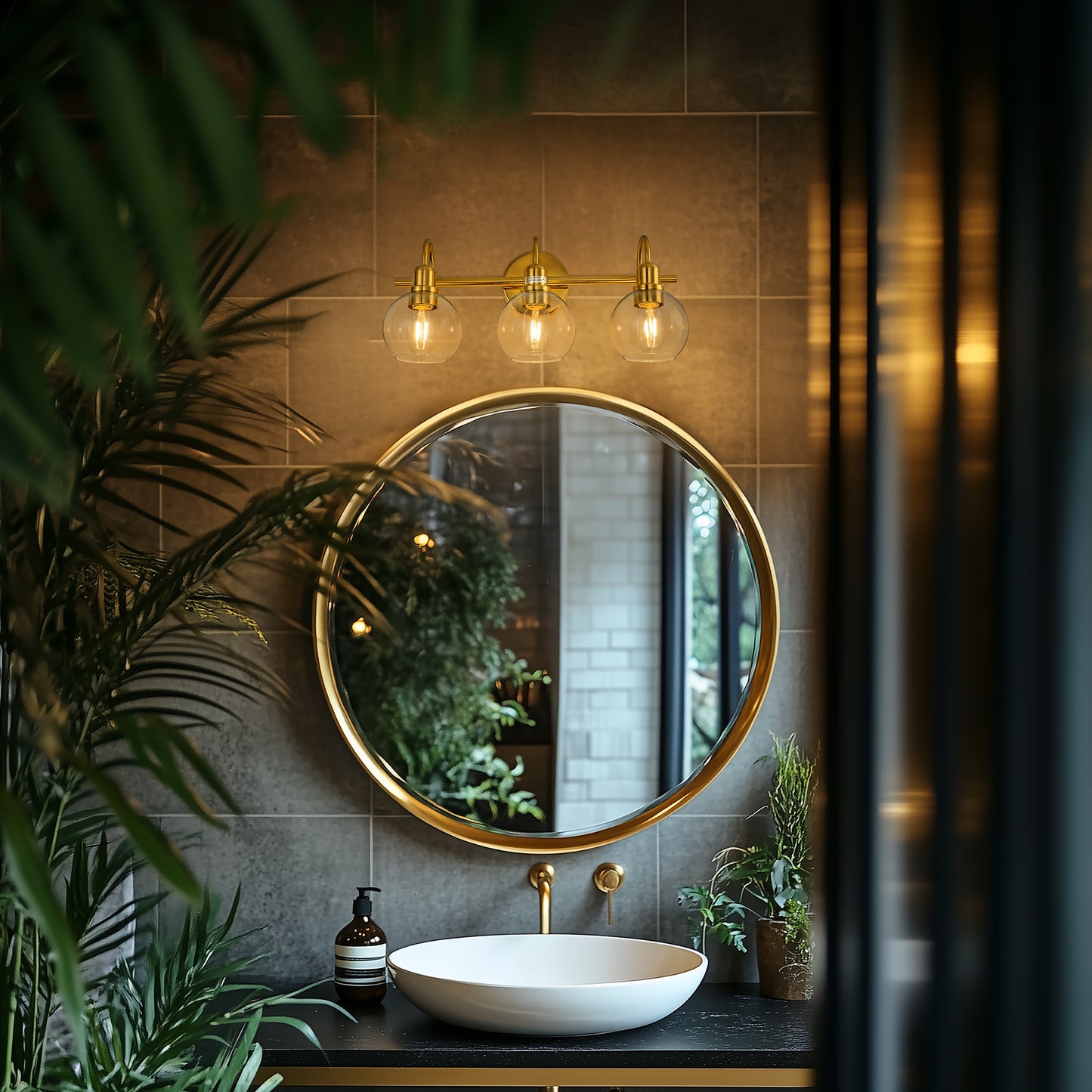20 in. 3-Light Brass Gold Industrial 3-Light Bathroom Vanity Light with Clear Glass Globe Shades Bathroom
