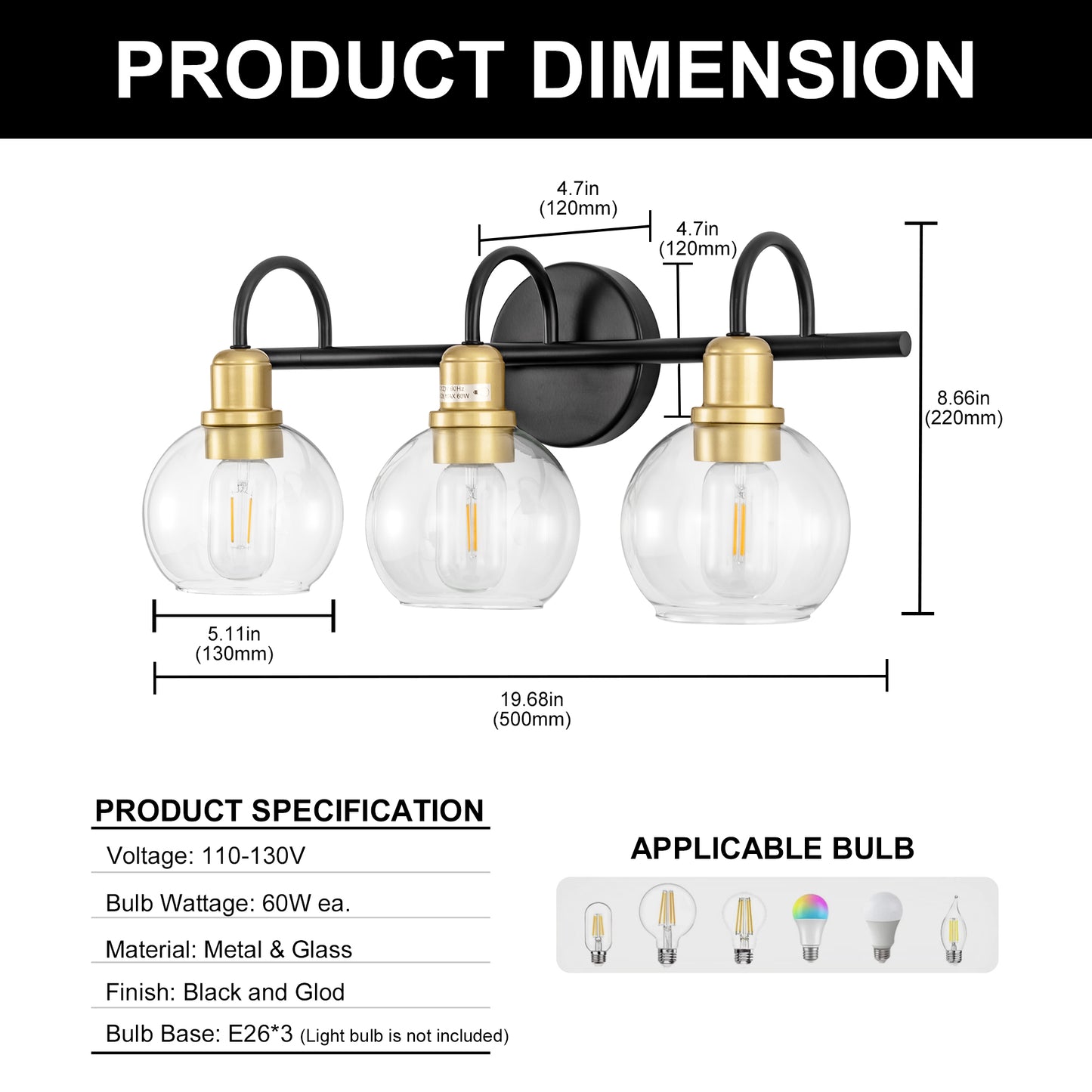 20 in. 3-Light Matte Black and Gold Industrial 3-Light Bathroom Vanity Light with Clear Glass Globe Shades Bathroom