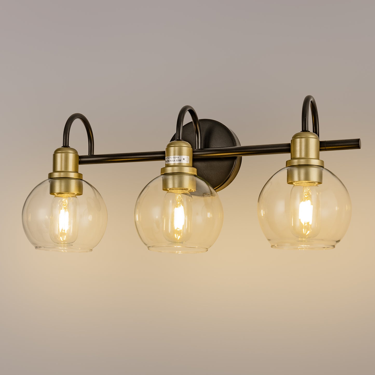 20 in. 3-Light Matte Black and Gold Industrial 3-Light Bathroom Vanity Light with Clear Glass Globe Shades Bathroom