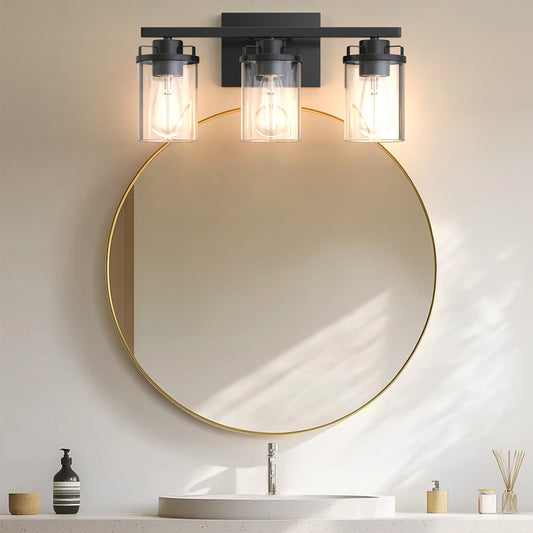 18 in. 3-Light Black Vanity Light with Clear Glass Shades for Budget Bathrooms