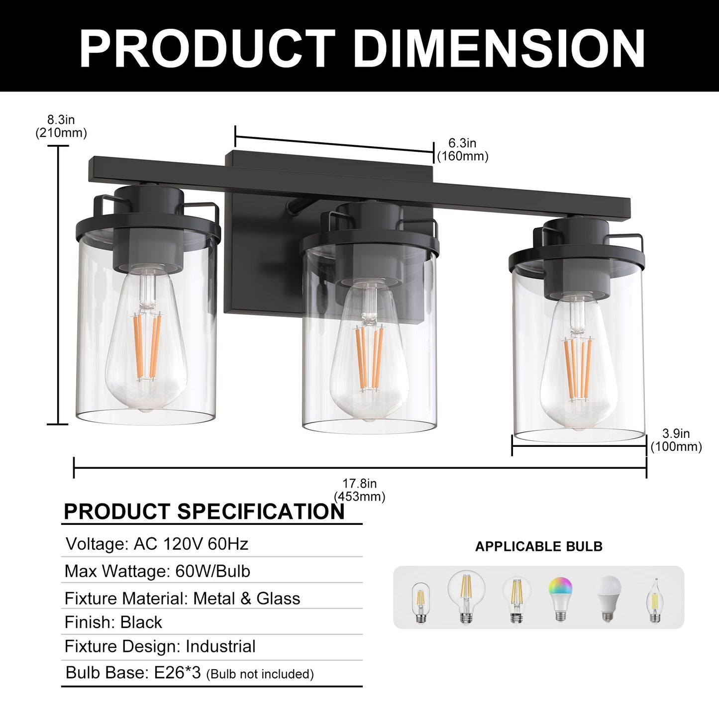 18 in. 3-Light Black Vanity Light with Clear Glass Shades for Budget Bathrooms