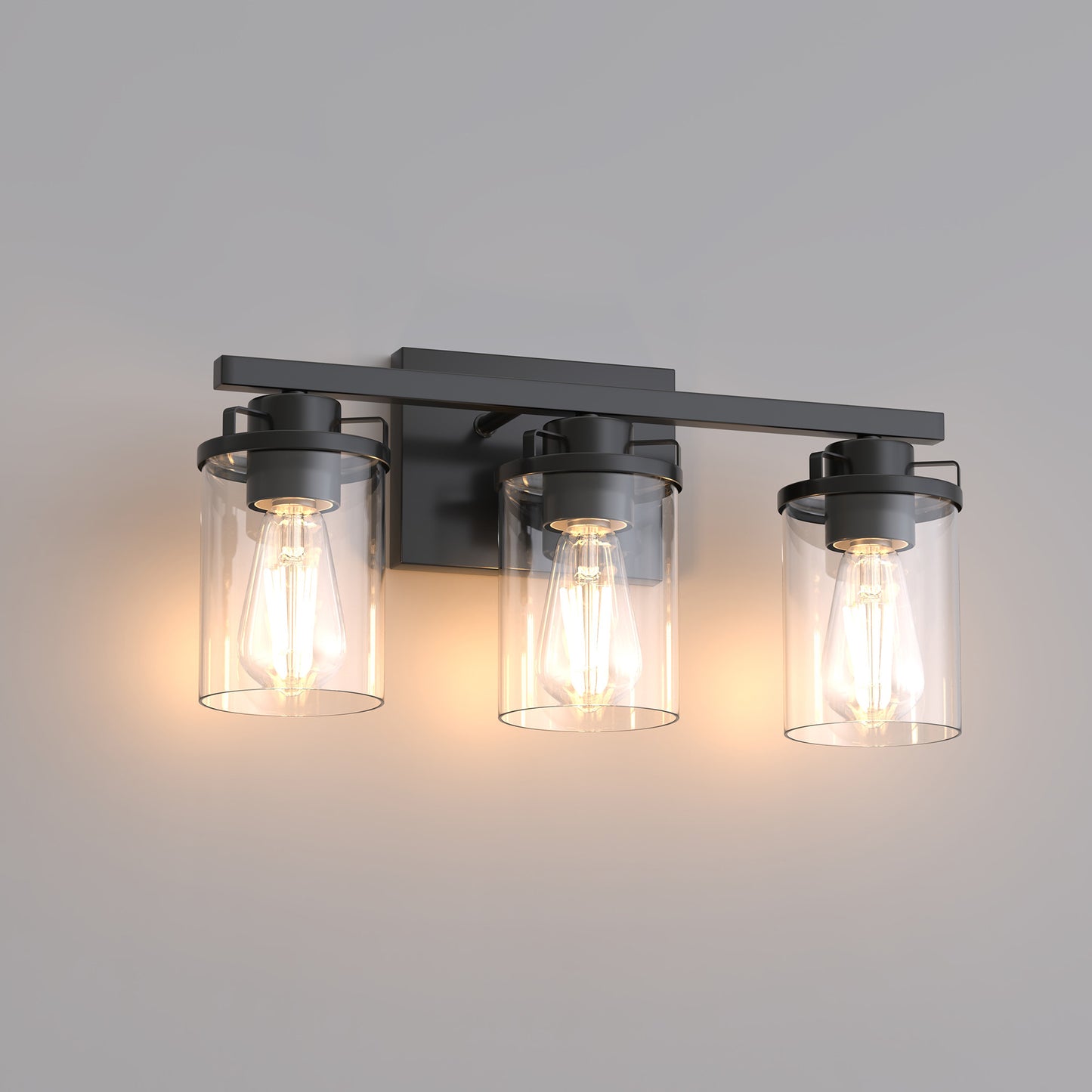 18 in. 3-Light Black Vanity Light with Clear Glass Shades for Budget Bathrooms