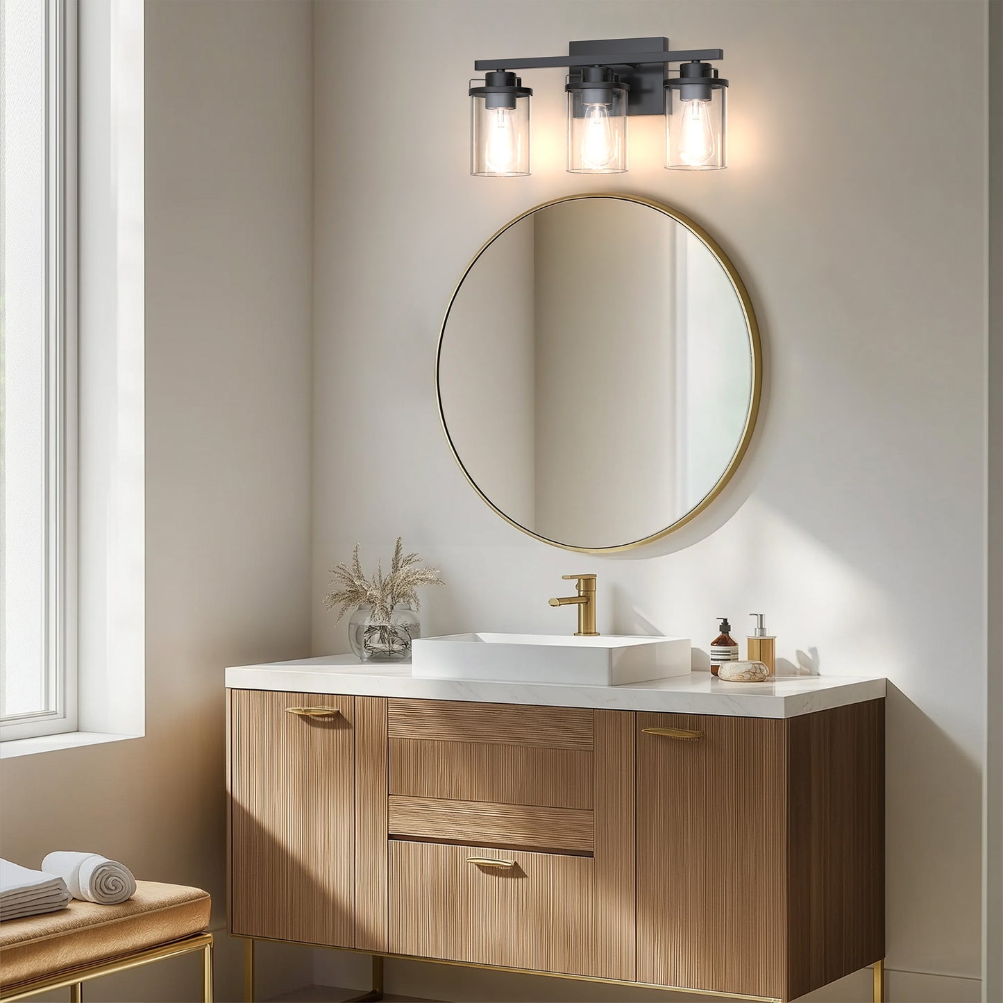 18 in. 3-Light Black Vanity Light with Clear Glass Shades for Budget Bathrooms