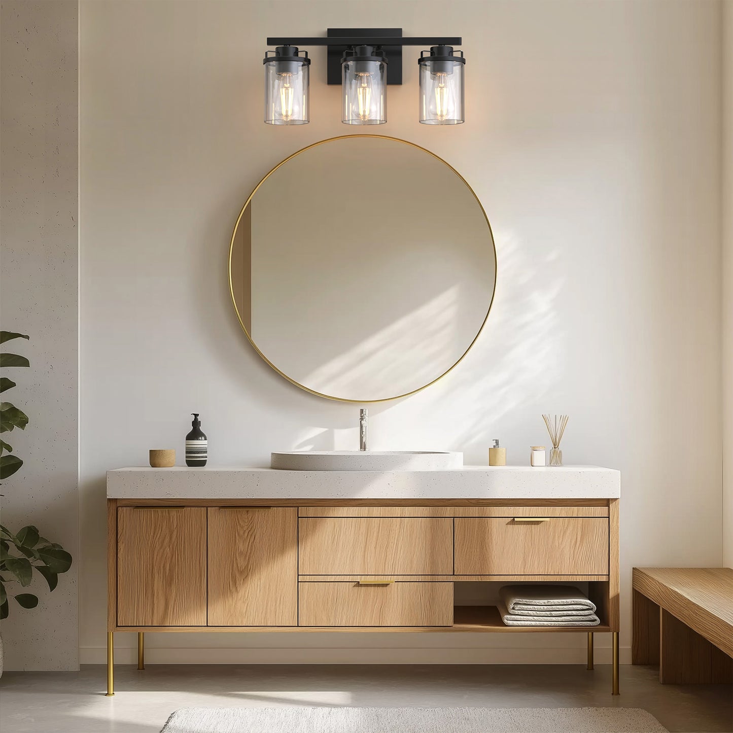 18 in. 3-Light Black Vanity Light with Clear Glass Shades for Budget Bathrooms