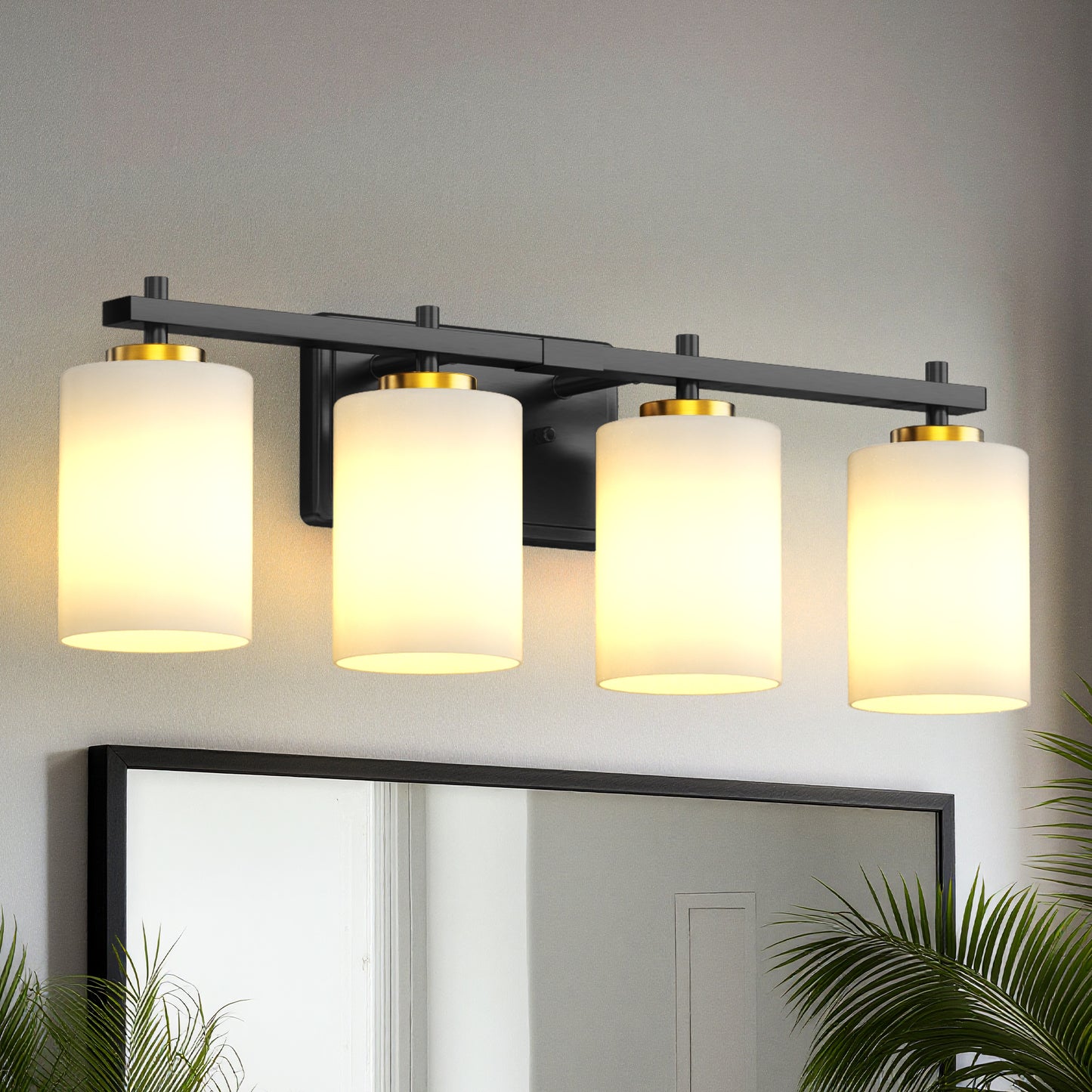 24 in. 4-Light Bathroom Vanity Light with White Glass and Black and Gold Iron Frame