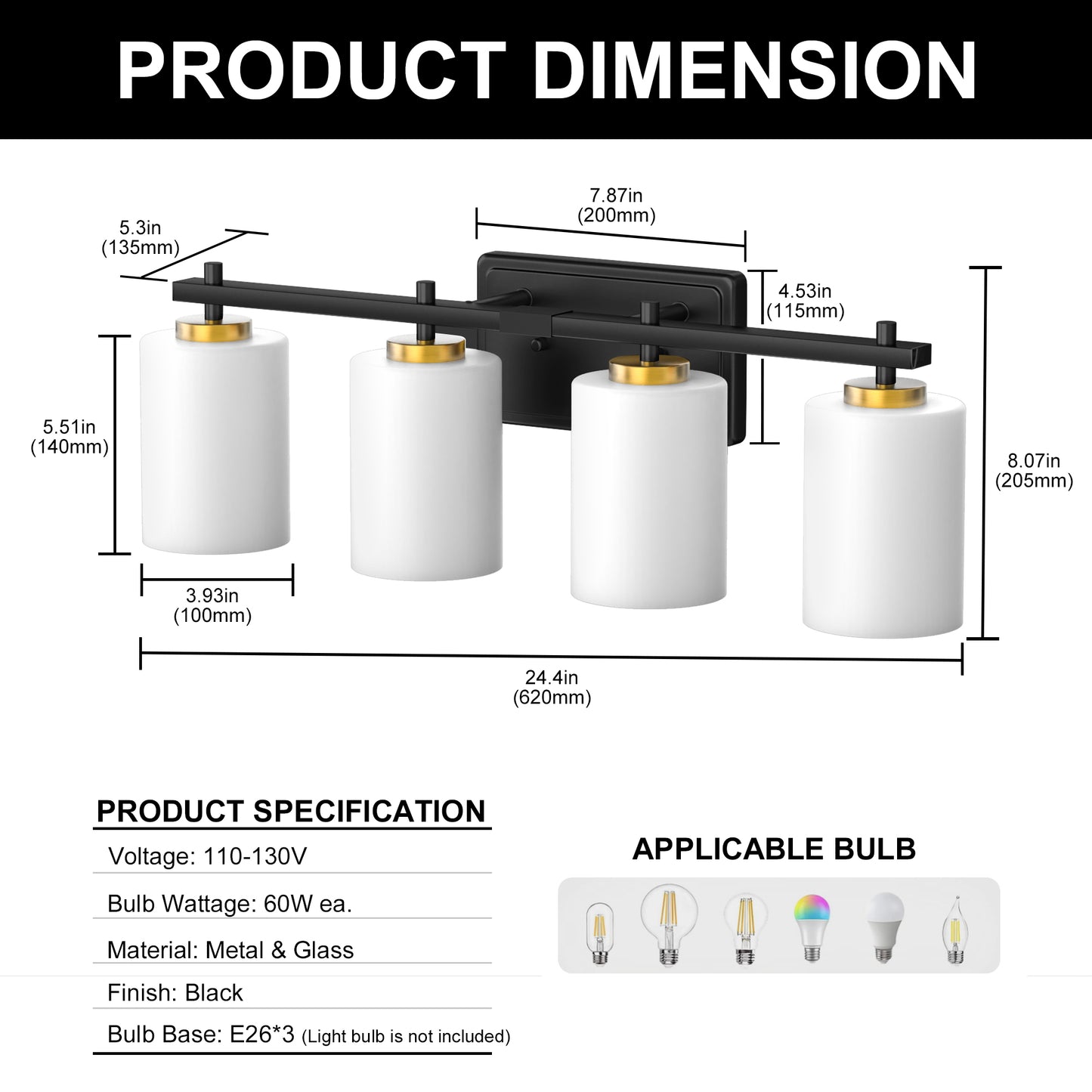24 in. 4-Light Bathroom Vanity Light with White Glass and Black and Gold Iron Frame