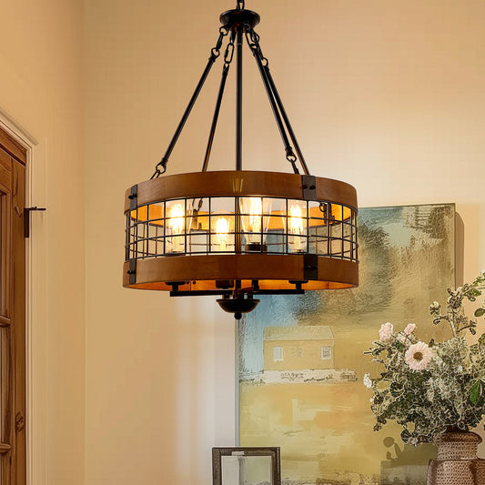 Black and Brown Farmhouse Chandelier for Dining Room, 4-Light Pendant Kitchen Island Lighting,for Entryway Foyer Bedroom