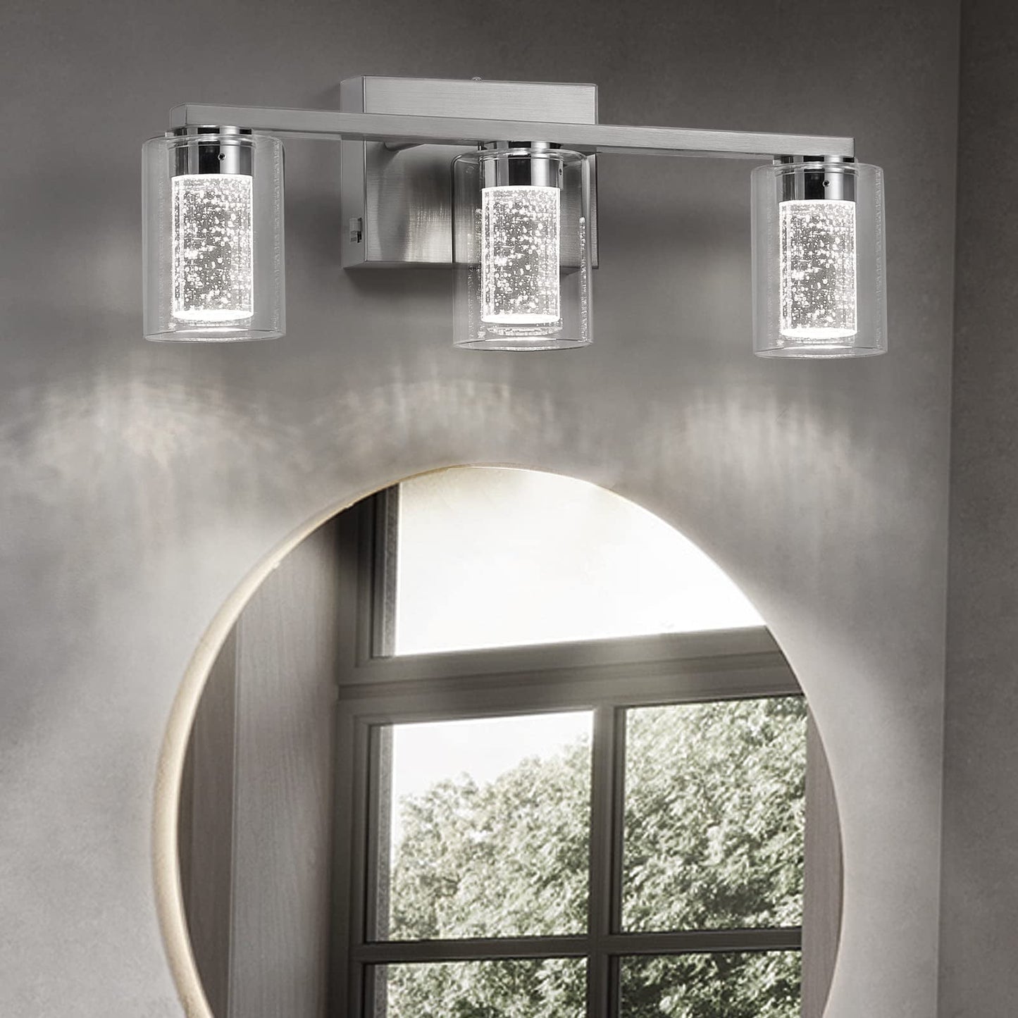 3-Light Brushed Nickel Bathroom Light Fixtures, 3000/4000/6000K LED Bathroom Vanity Lights with Crystal Bubble Glass, Dimmable Bubble Wall Sconce Lighting for Bathroom, Living Room