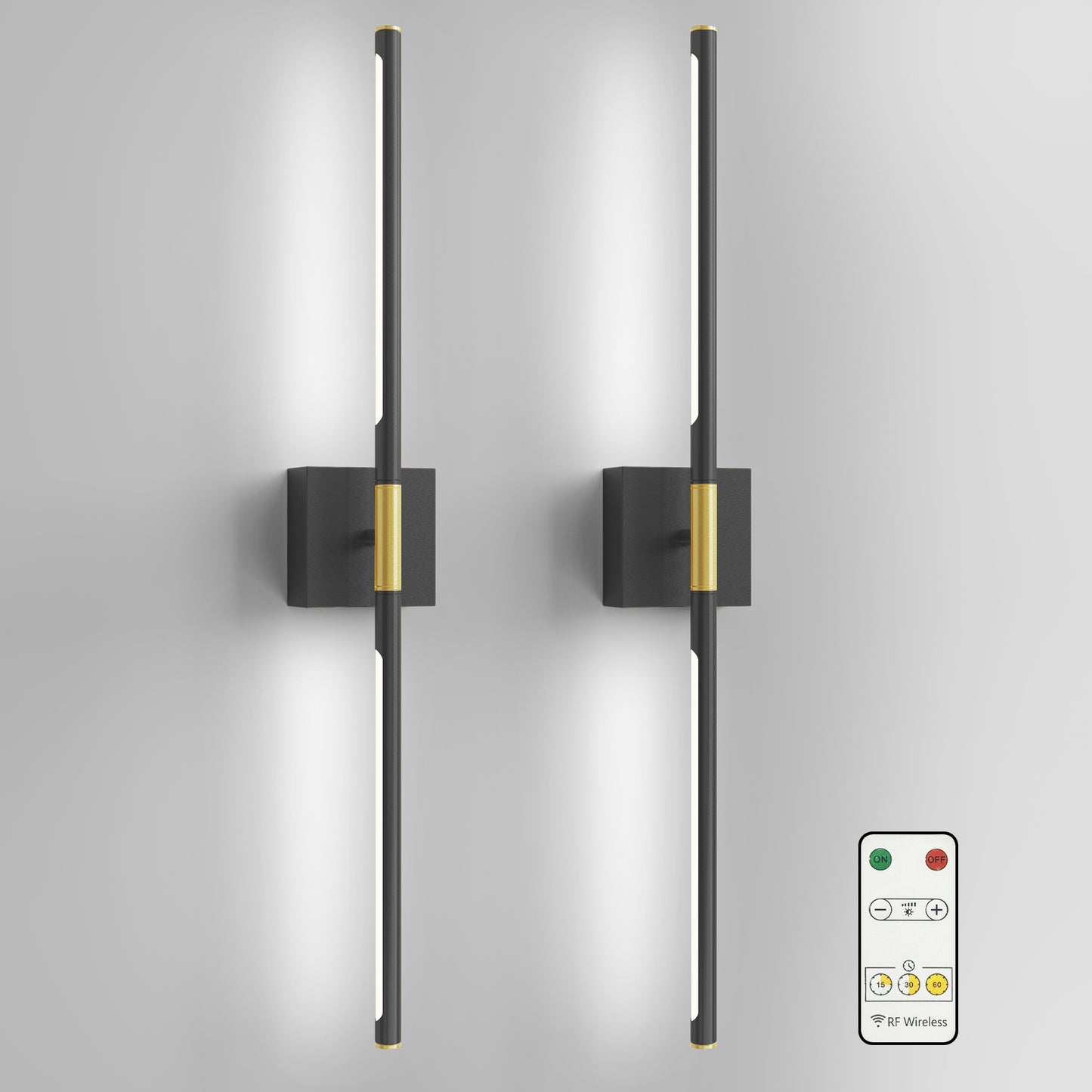 YANSUN 2-Light Black Gold Dimmable Timing LED Wall Sconce with Remote Control, Wireless Installation, USB Charging (2-Pack)