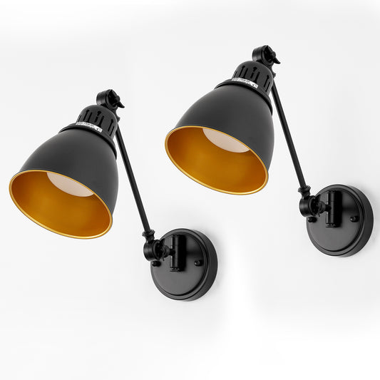 YANSUN 6 in. Set of 2 1-Light Black Gold Swing Arm Wall Sconces -Rechargeable Adjustable Wall Lamps for Bedroom or Office
