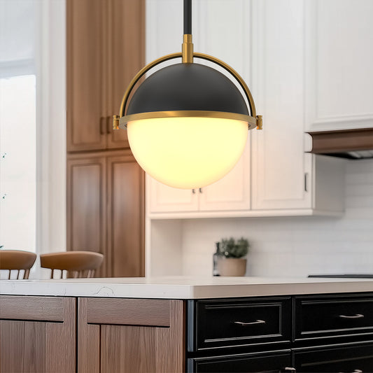 YANSUN 8 in. 1-Light Elegant Metal with Glass Globe Lighting, Matte Black and Gold Finishes for Kitchen Island