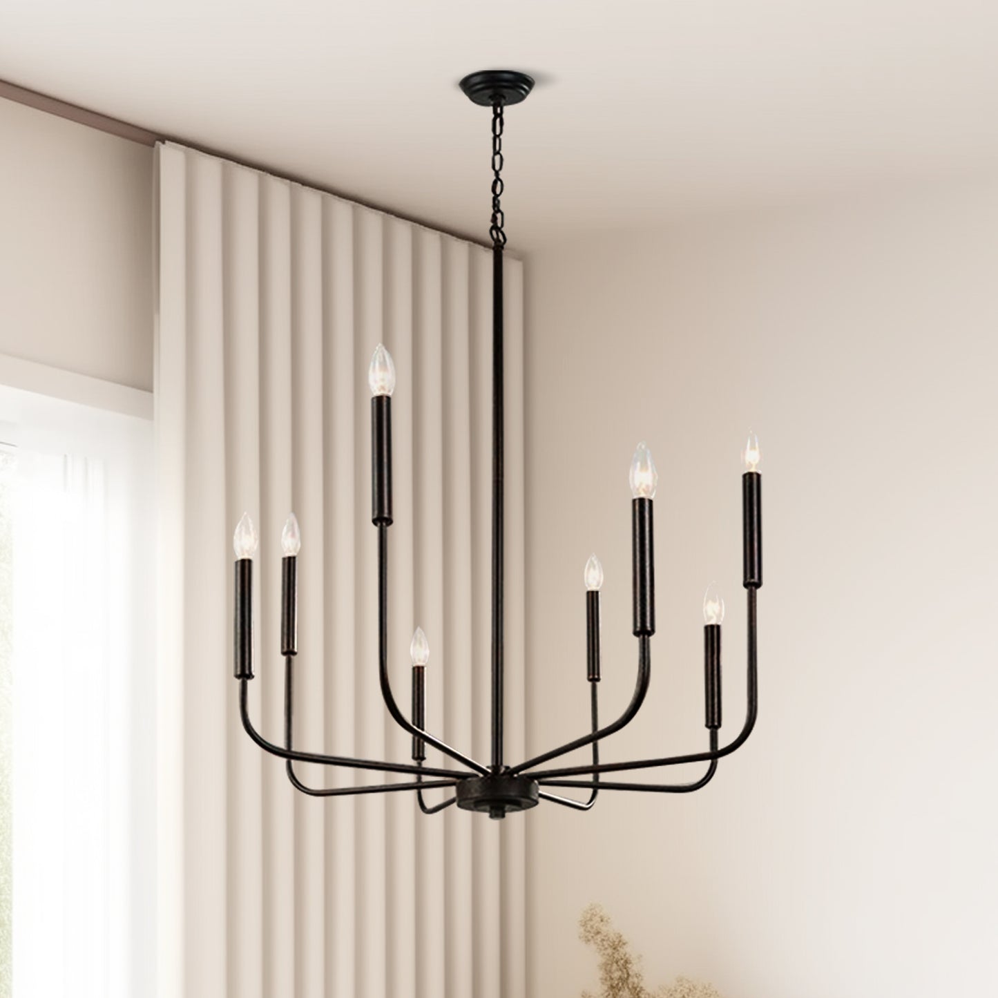 YANSUN 8-Light Matte Black Modern Chandelier Farmhouse Linear Candle with Chain for Bedroom,Dining Room,Foyer No Bulbs Included