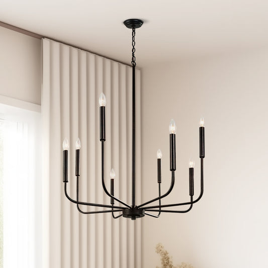 YANSUN 8-Light Matte Black Modern Chandelier Farmhouse Linear Candle with Chain for Bedroom,Dining Room,Foyer No Bulbs Included