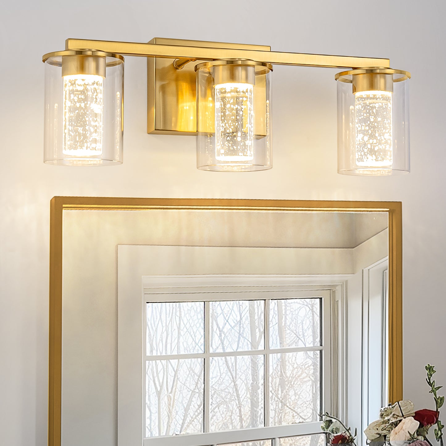 YANSUN 18 in. 3-Light Gold Crystal LED Vanity Light for Bathroom with Dimmable Color Modes