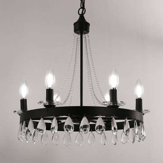 YANSUN 6-Light Black Chandelier with Crystal Bead Hanging Ceiling FixtureRustic Vintage Candle Style Industrial Ceiling Light
