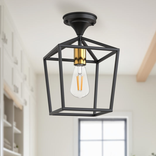 YANSUN 7 in. 1-Light Black and Gold Semi Flush Mount Ceiling Light, Farmhouse Drum Kitchen Lighting Fixtures with Glass Shade