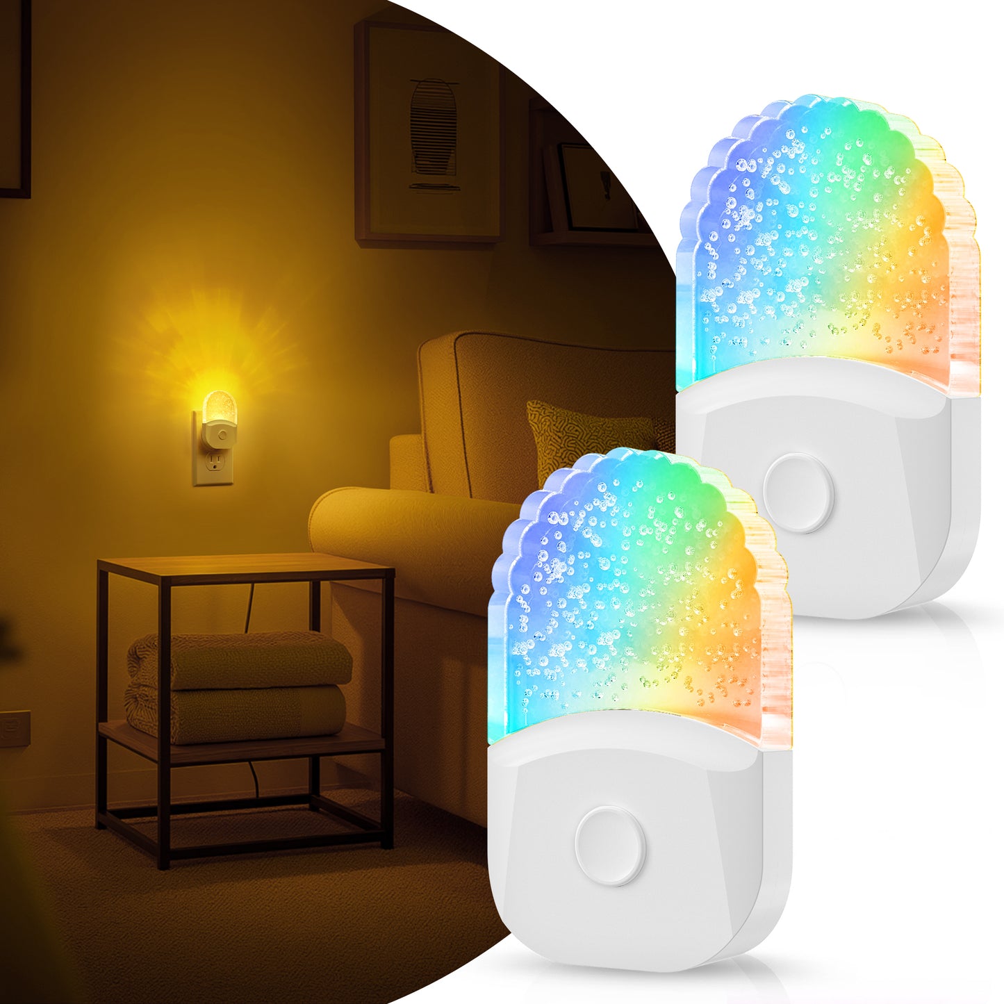 YANSUN 2-Pack RGB LED Night Lights Plug into Wall, 8-Color Changing with Sensor, Dimmable Nightlight for Kids Bedroom, Bathroom