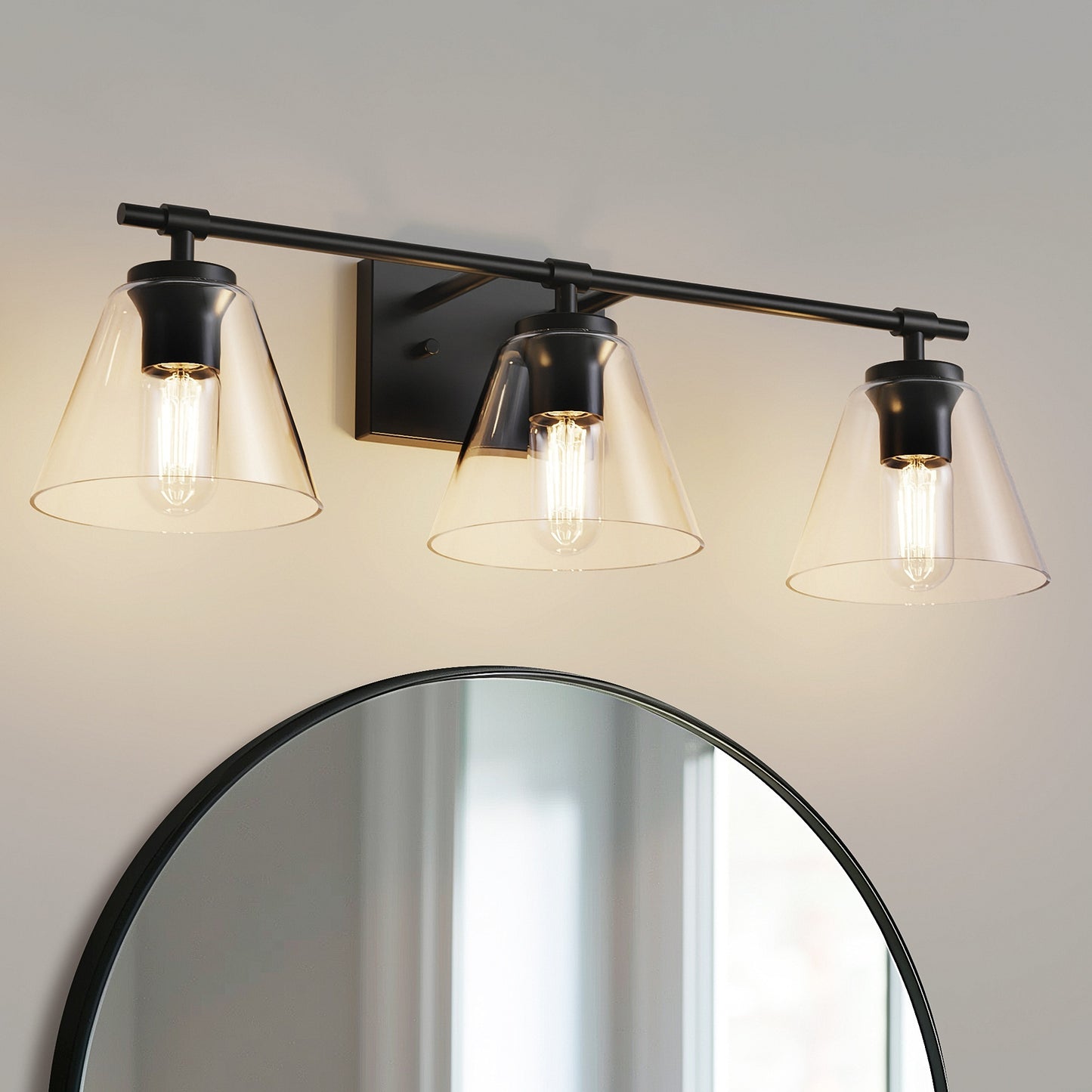 YANSUN 25.4 in. 3 Light Black Vanity Light with Clear Cone Shades Modern Wall Light for Bathroom Mirror E26 Base