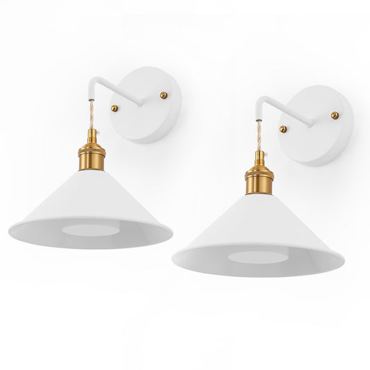 YANSUN 9 in. Cone Shade White Metal Sconce Lighting with Bulbs (2-Pack), Wall Mounted Lamp for Living Room, Bedroom, or Hallway