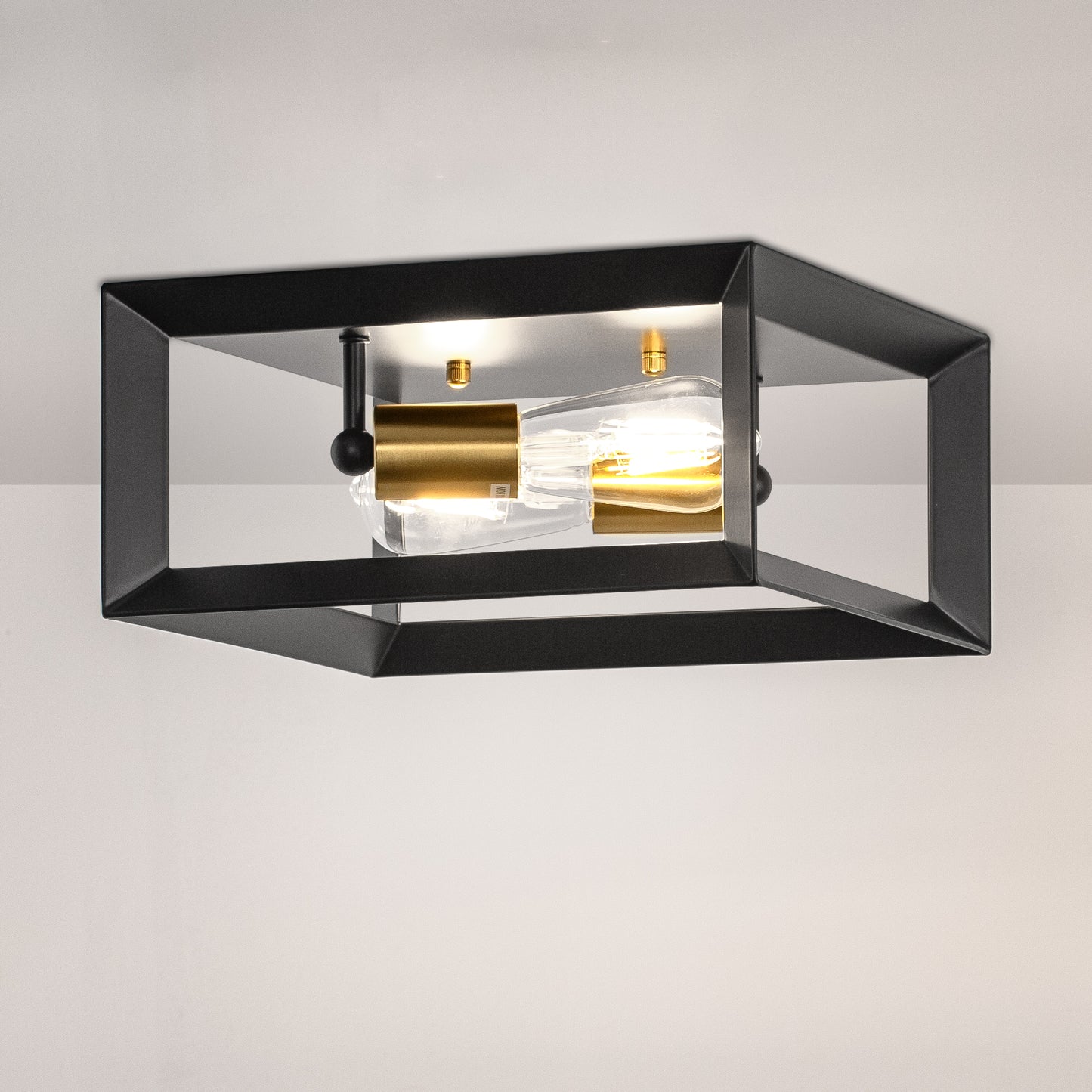 YANSUN 11.41 in. 2-Light Black and Gold Farmhouse Caged Square Flush Mount Industrial Vintage Ceiling Lighting