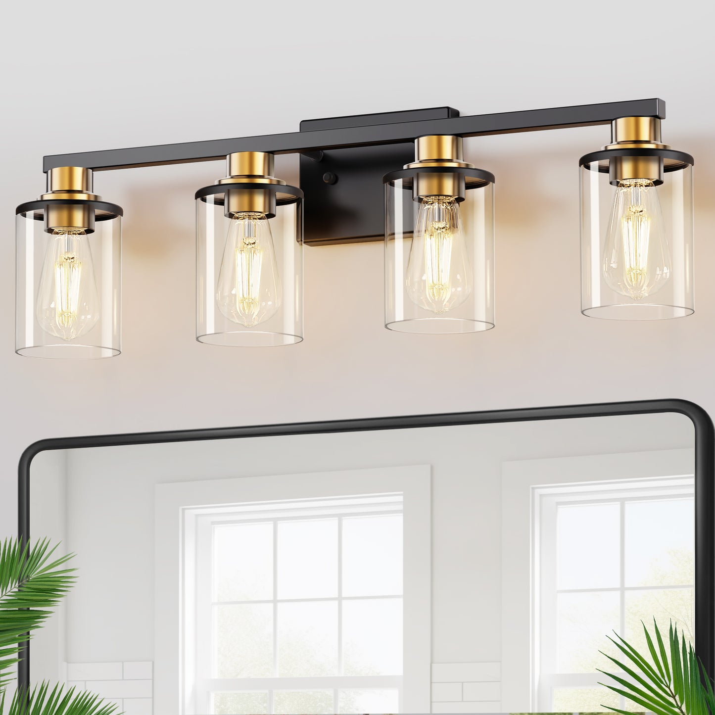 YANSUN 28 in. 4-Light Black and Gold Bathroom Vanity Light with Clear Glass Shades for Over Mirror