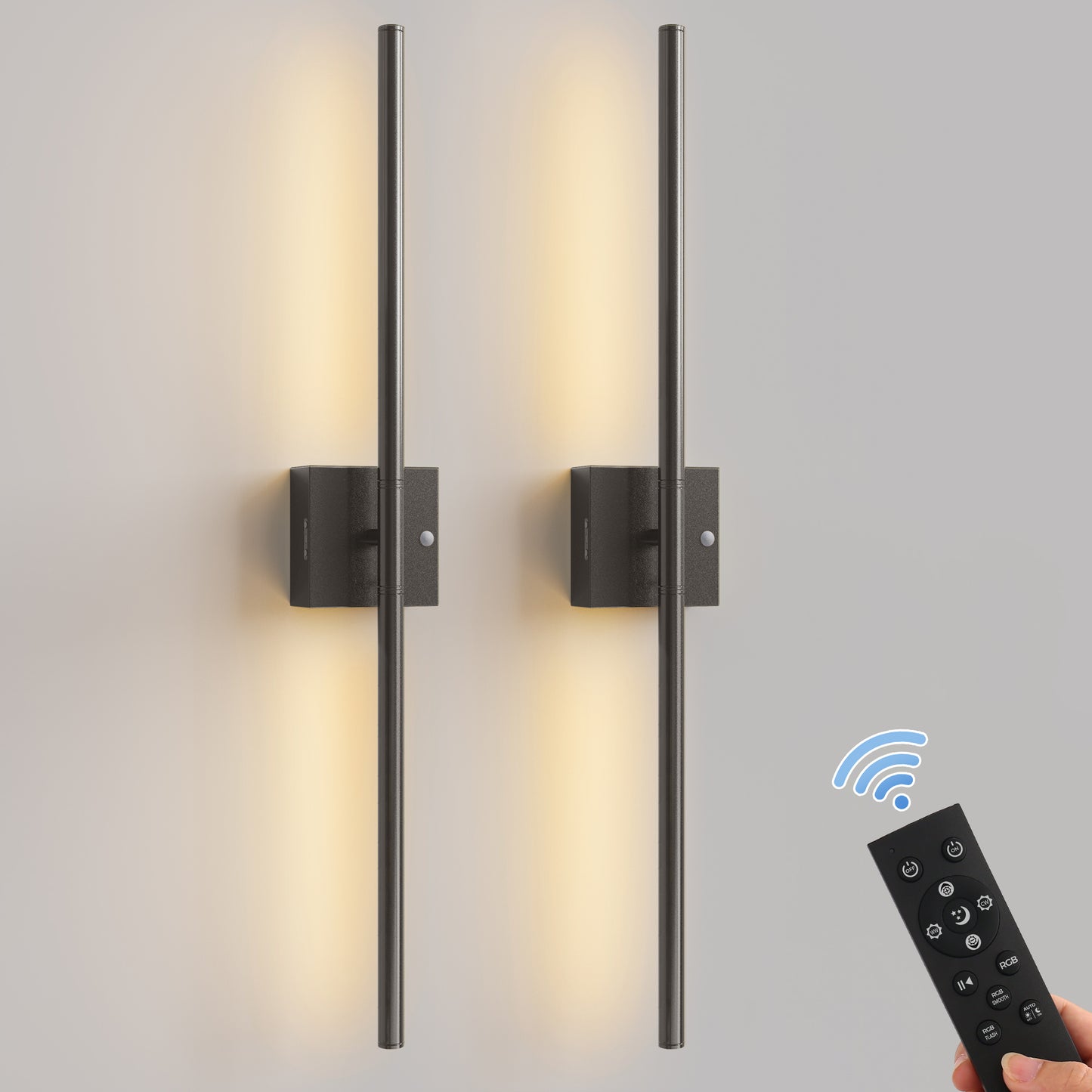 YANSUN 2-Pack 28.3 in. Black Modern LED Indoor Wall Sconce with Remote, Motion Sensor and Dimming, Modern Indoor Wall Light