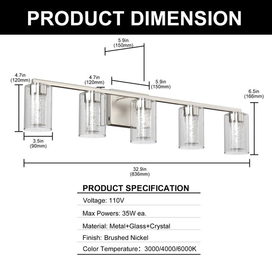 33 in. 35-Watt 5-Light Brushed Nickel Crystal LED Integrated Vanity Light for Bathroom, 3000/4000/6000K Adjustable