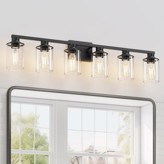 YANSUN 6 Light Matte Black Vanity Light with Clear Tube Glass Shades for Large Bathroom Mirror E26 Base