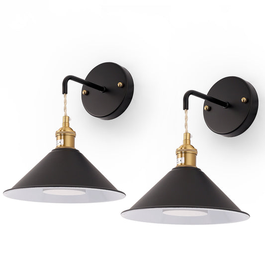 YANSUN 9 in. Cone Shade Black Metal Sconce Lighting with Bulbs (2-Pack), Wall Mounted Lamp for Living Room, Bedroom, or Hallway