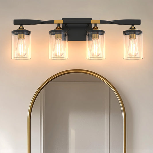 YANSUN 26 in. 4-Light Black and Gold Vanity Light with Clear Glass Shades for Bathroom