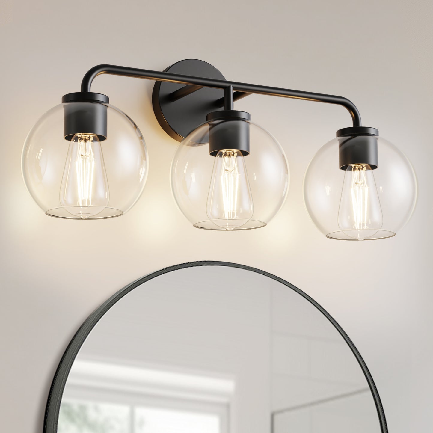 YANSUN 22.7 in. 3 Light Black Vanity Light with Clear Globe Shades Modern Round Wall Mount Wall Light for Bathroom E26 Base