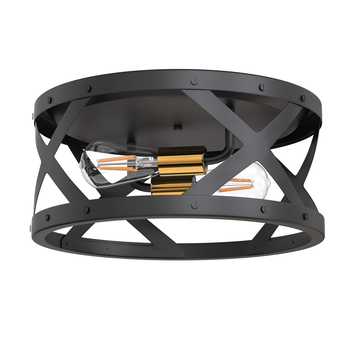 YANSUN 11.8 in. 2-Light Industrial Black and Gold Flush Mount Metal Modern Ceiling Light Fixture with E26 Bulb Not Included