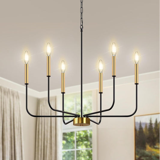 YANSUN 26 in. 6-Light Black and Gold Farmhouse Chandelier ???¡ì?C Adjustable Industrial Fixture for Dining Room, Bedroom and Foyer