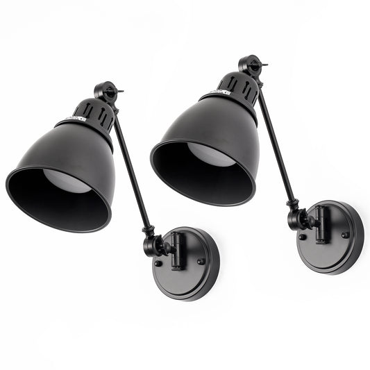 YANSUN 6 In. Plug-In Wall Sconces Set of 2, Tausende Black Metal Swing Arm Wall Lamps, Ideal for Bedroom or Cozy Reading Nook