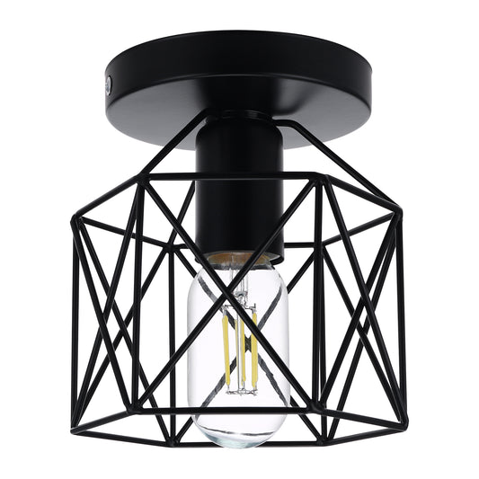 YANSUN 6 in. 1-Light Black Semi-Flush Mount Ceiling Light with Cage Shade for Porch Hallway