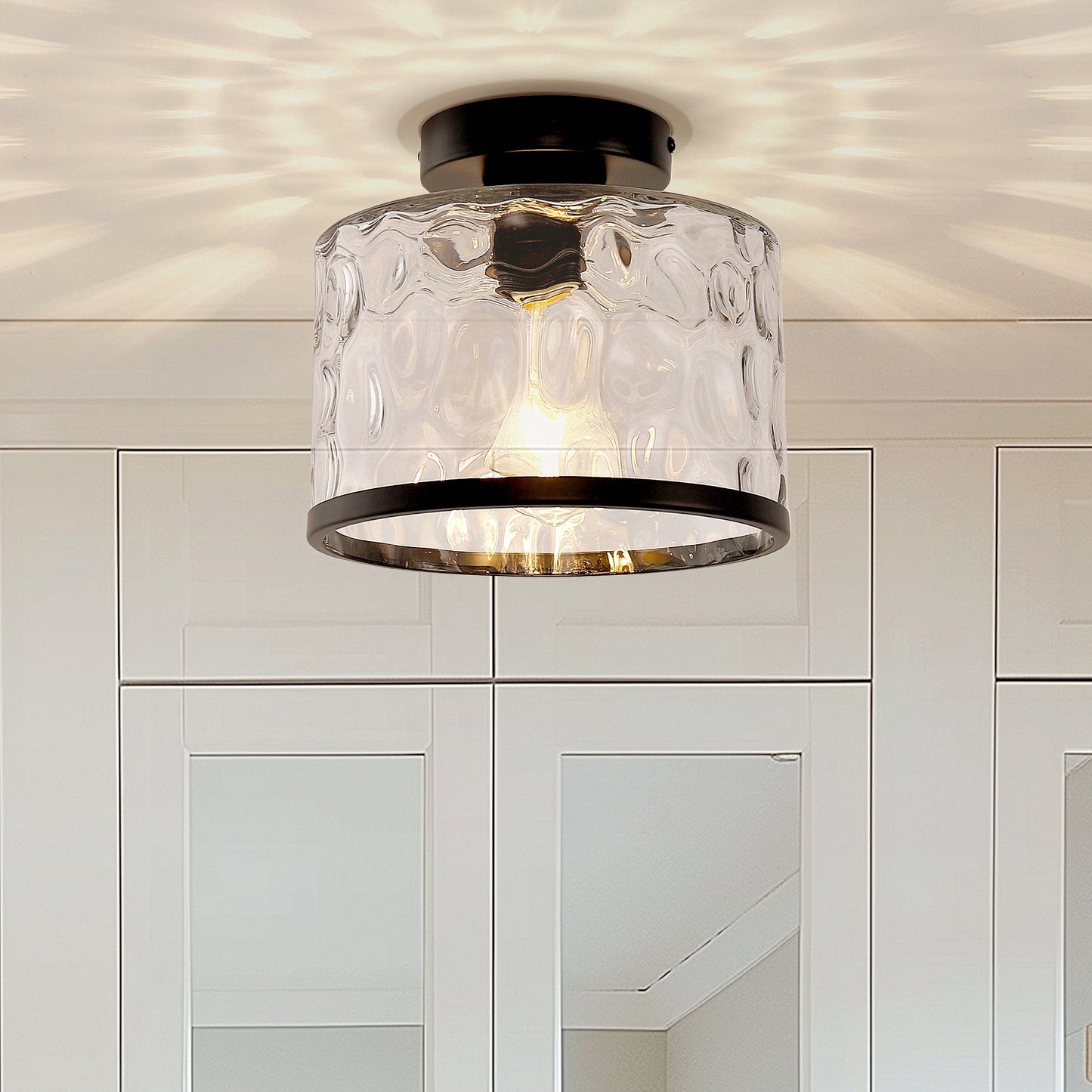 YANSUN 9 in. 1-Light Black Round Clear Glass Semi-Flush Mount with Water Glass Shade and No Bulbs Included 1-Pack