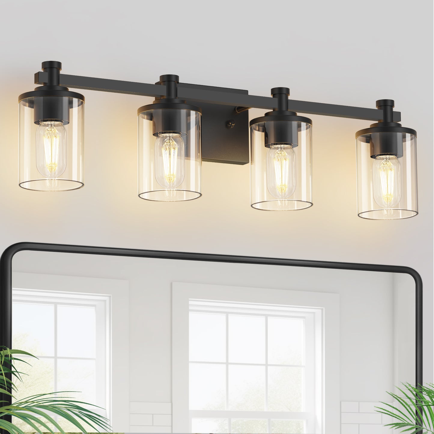 YANSUN 28 in. 4-Light Matte Black Cylinder Vanity Light with Clear Glass Shades for Modern Industrial Bathrooms