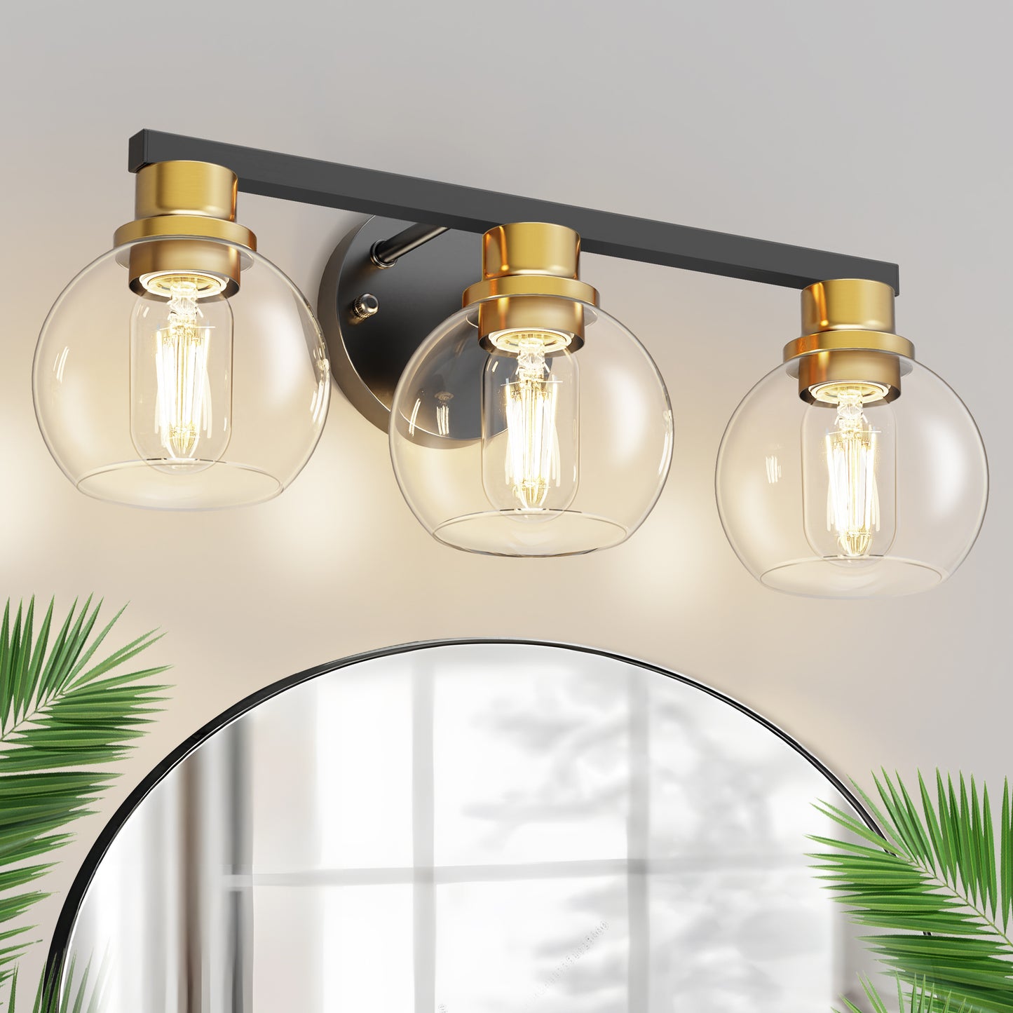 YANSUN 19 in. Black and Gold 3-Light Bathroom Vanity Light, LED Powder Room Lighting with Clear Globe Shades for Dressers