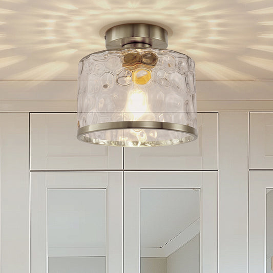 YANSUN 9 in. 1-Light Brushed Nickel Semi Flush Mount Ceiling Light Industrial Clear Water Glass for Hallway Kitchen Bathroom