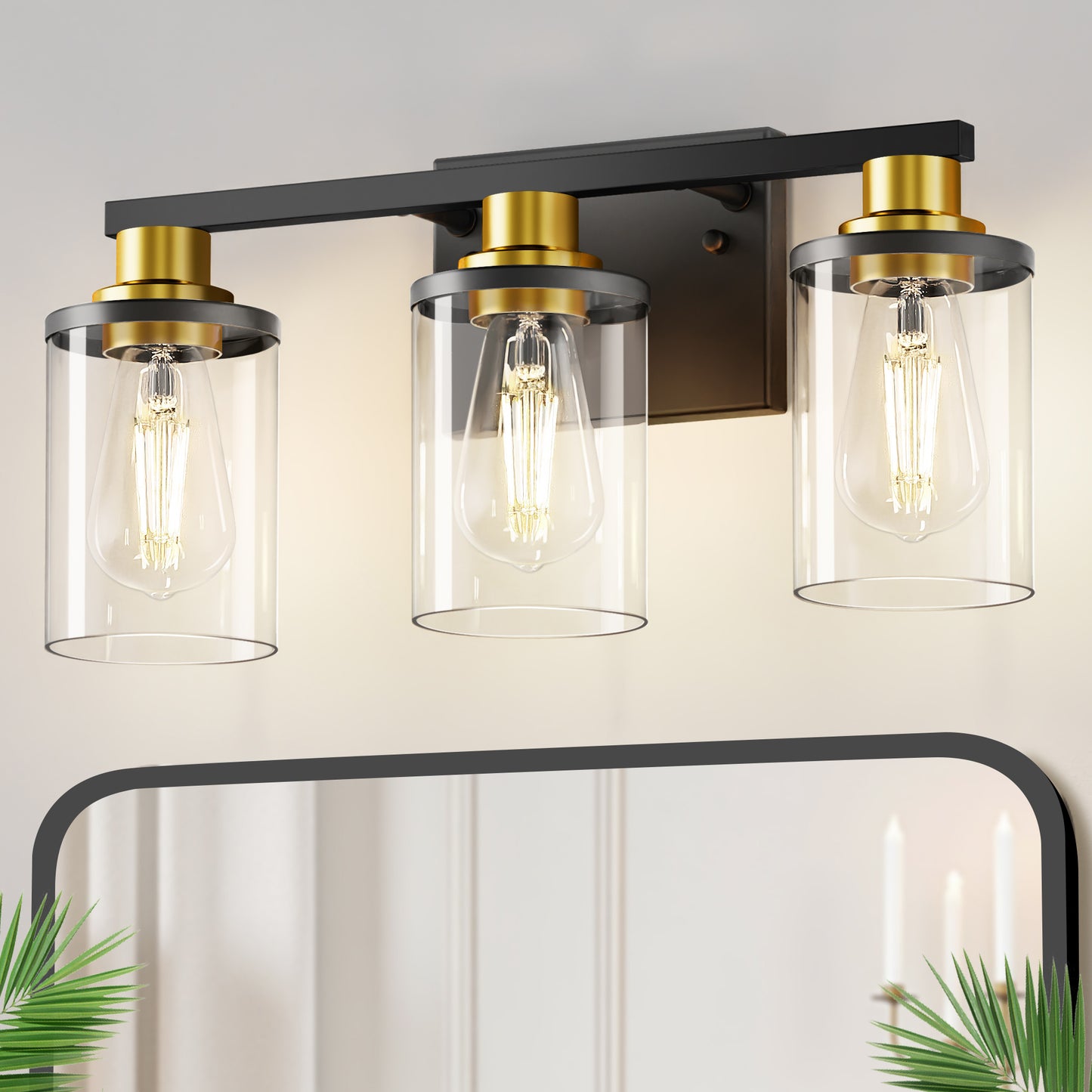 YANSUN 3 Light Black and Gold Vanity Light with Clear Tube Glass Shades and Square Backplate for Bathroom Mirror E26 Base