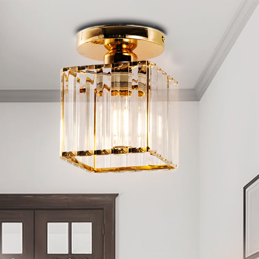 YANSUN 5.5 in. 1-Light Gold Square Crystal Semi Flush Mount Ceiling Light for Foyer Closet Entryway Kitchen Bedroom Dining Room