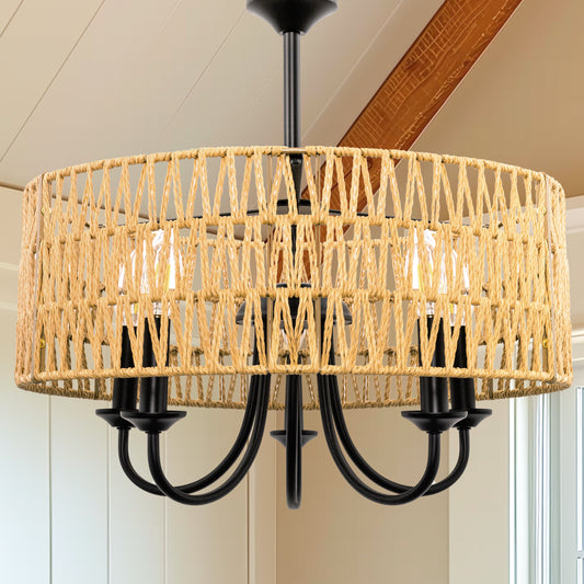 YANSUN 5-Light Modern Farmhouse Brown Round Rattan Pendant Rattan Drum Chandelier with Woven Rattan Shade for Dining Room