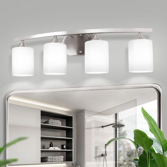 YANSUN 28 in. 4-Light Nickel Modern Cylinder Vanity Light for Bathroom, Bedroom with Curved Arms and Milk White Glass Shades