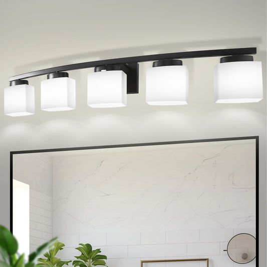 YANSUN 41 in. 5-Light Matte Black Modern Industrial Square Vanity Light for Bathroom with Curved Arms and Milk White Shades